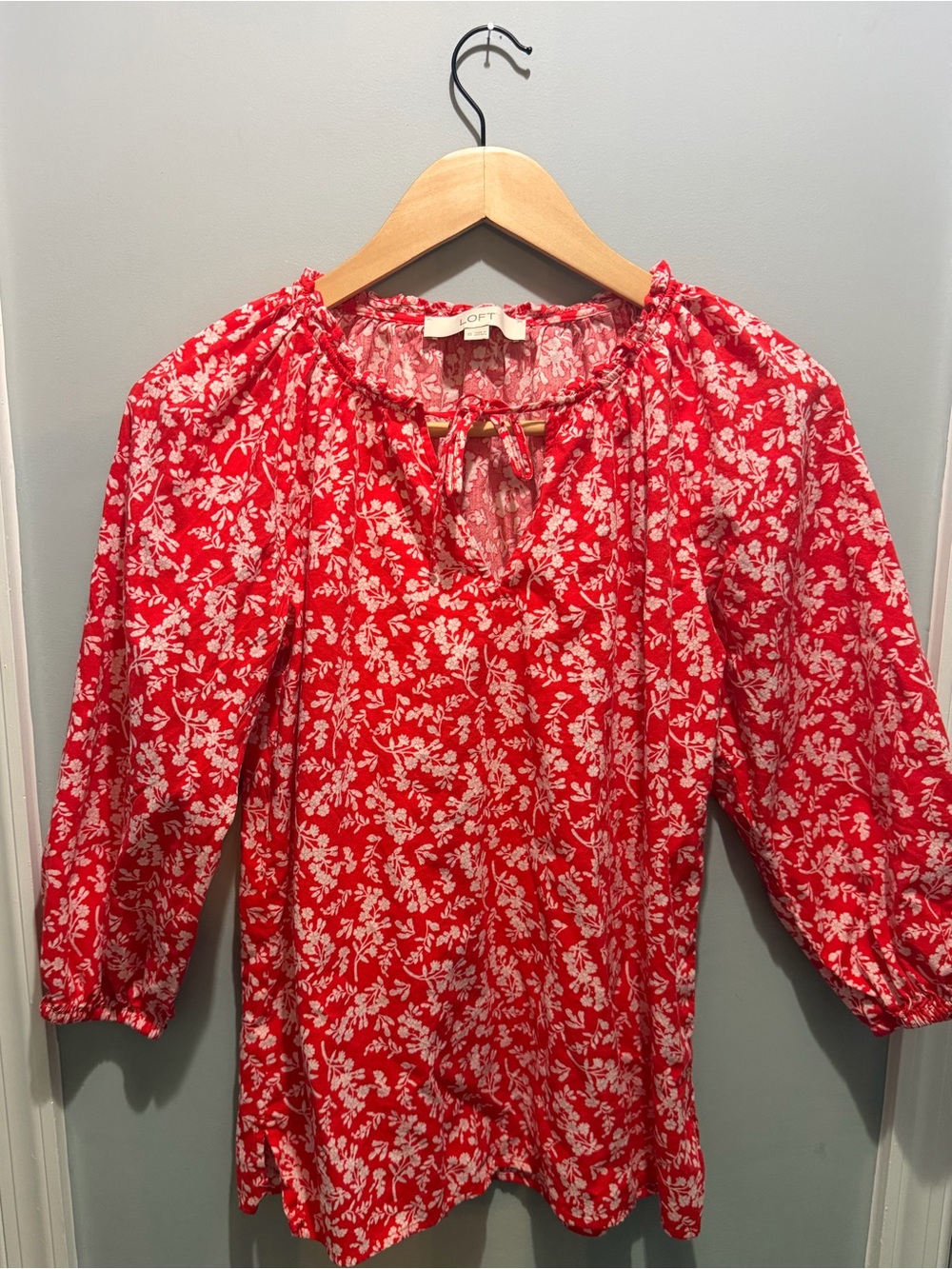 LOFT Red and White Floral Tie-Front Peasant Top